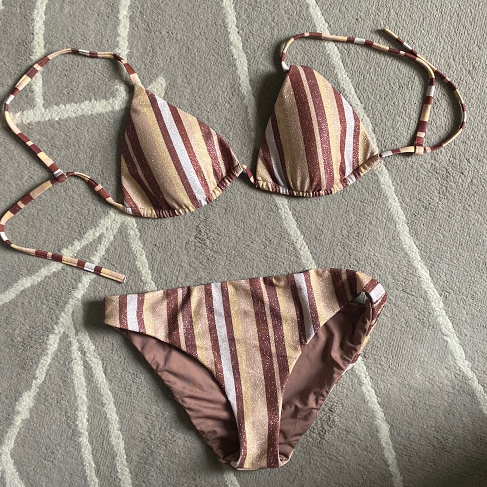 Striped Glitter Triangle Bikini Set in Brown and Cream